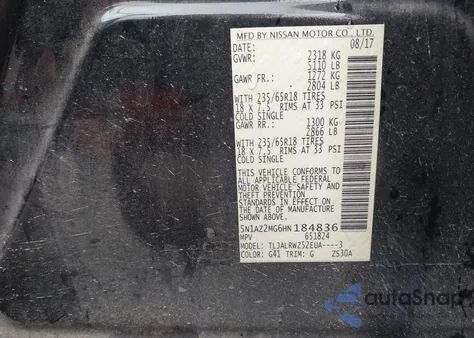 2017 Nissan Murano Sl z USA, uszkodzony, nr VIN 5N1AZ2MG6HN184836